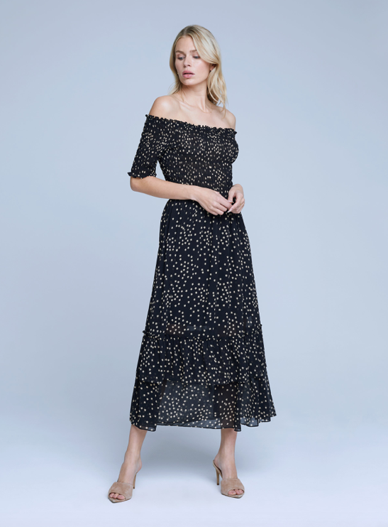 Oriel Off Shoulder Dress Black/Tan Stars